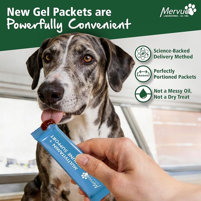 Mervue Multivitamin + Immune Support for Dogs (30 Day Supply) | Pre-Measured Large Dog Vitamins in Gel Packets – Multivitamin for Dogs w/Beta-Glucans & Vitamin C for Energy & Healthy Coat