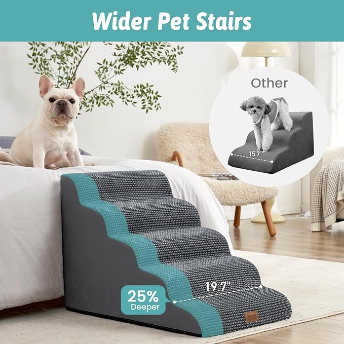 COZY KISS Extra Wide Dog Stair for Small Dog, 5 Step Pet Ramp for Bed | Curved Stable Dog Step for Puppy, Older Cat, Senior, Medium, Short-Legged Dog, Non-Slip Ladder for High Bed, Charcoal Grey