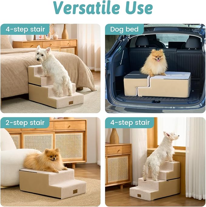 COZY KISS Dog Stairs for Small Dogs, 4 Tier Removable Wider Pet Stairs for Couch and Bed, 17.7" H Dog Steps for Old Cats, Puppy, Small Dogs, 17.7x23.6x17.7 inch, Beige