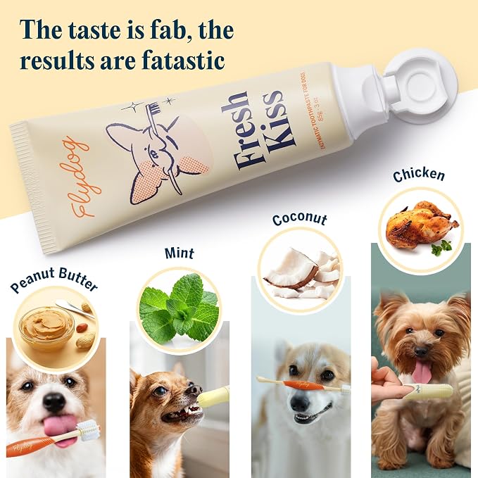 Flydog Fresh Kiss Dog Tooth Brushing Kit, Enzymatic Dog Toothbrush and Toothpaste- Vet Approved Formula, Breath Freshener & Tartar Remover, 360° Toothbrush for All Round Cleaning (Peanut Butter)