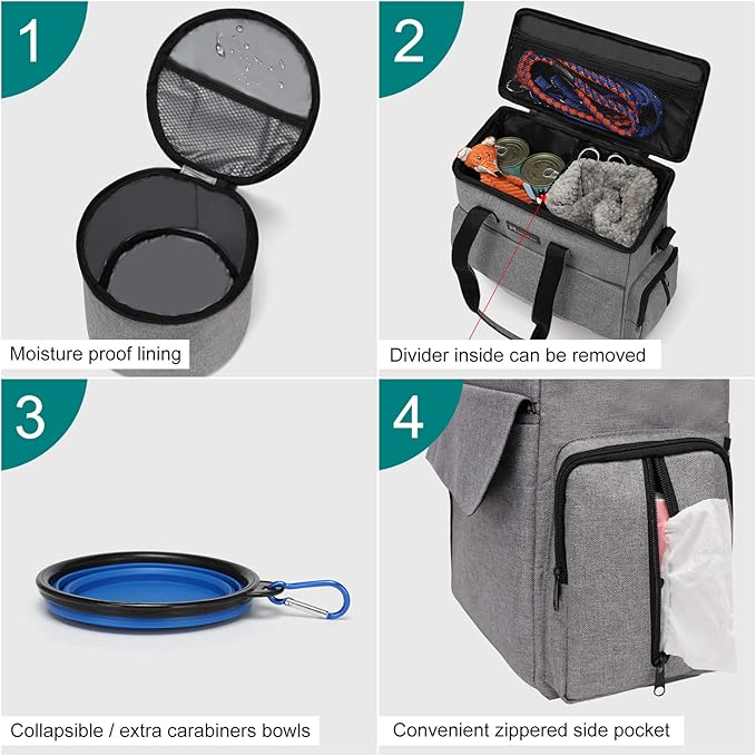 Modoker Dog Travel Bag Weekend Set with Food Containers & Bowls, Grey