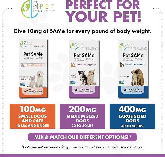 Same 200 mg Pet Supplements – Liver and Joint Support for Medium Size Dogs with Elevated Enzymes – S Adenosyl Methionine - 50 Gluten Free Enteric Coated Tablets – Non GMO Certified