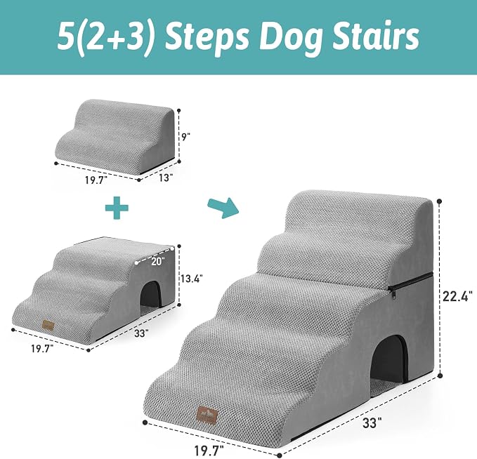 COZY KISS Small Dog Stairs with Tunnel, 5 Step Pet Ramp for High Bed | Curved Stable Dog Step for Puppy, Older Cat, Senior, Medium, Short-Legged Dog, Non-Slip Ladder for Car, 22.4" H, Grey