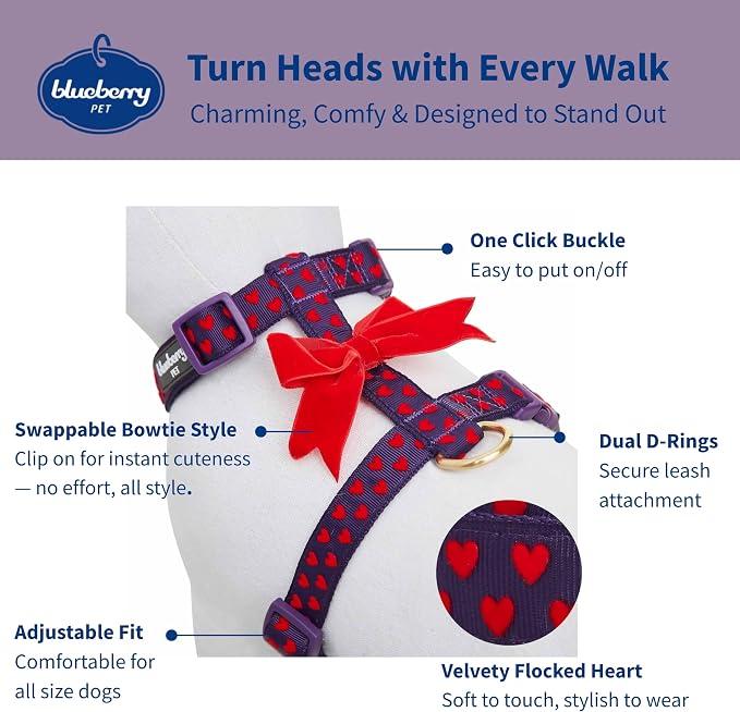 Blueberry Pet H-Shape Dog Harness Heart Flocking Valentine’s Day Adjustable Harnesses with Velvety Bowtie for Small Dogs, Gothic Grape, Chest Girth 17.75" - 21.25"