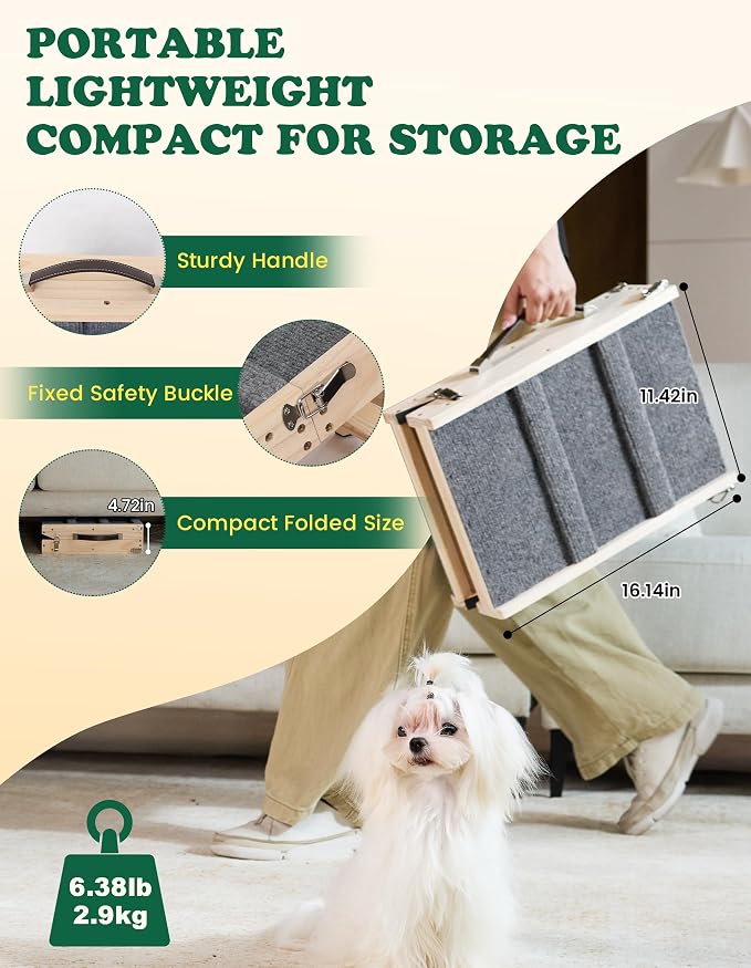 Dog Ramp Dog Stairs for Small Dogs Foldable Dog Ramp with 4 Adjustable Heights from 7.48'' to 15.35" Wood Stairs with Non Slip Carpet Portable Pet Ramp for Couch, Sofa, Low Bed (Natural Wood)