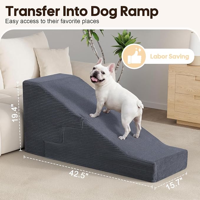 Dog Ramp for Bed Couch, 25.6" H Dog Stairs for Small Dogs, 2 in 1 Transformable 5-Step Pet Steps for Bed, Foldable Cats Ramp to Get on Bed, Non-Slip Balanced, Grey