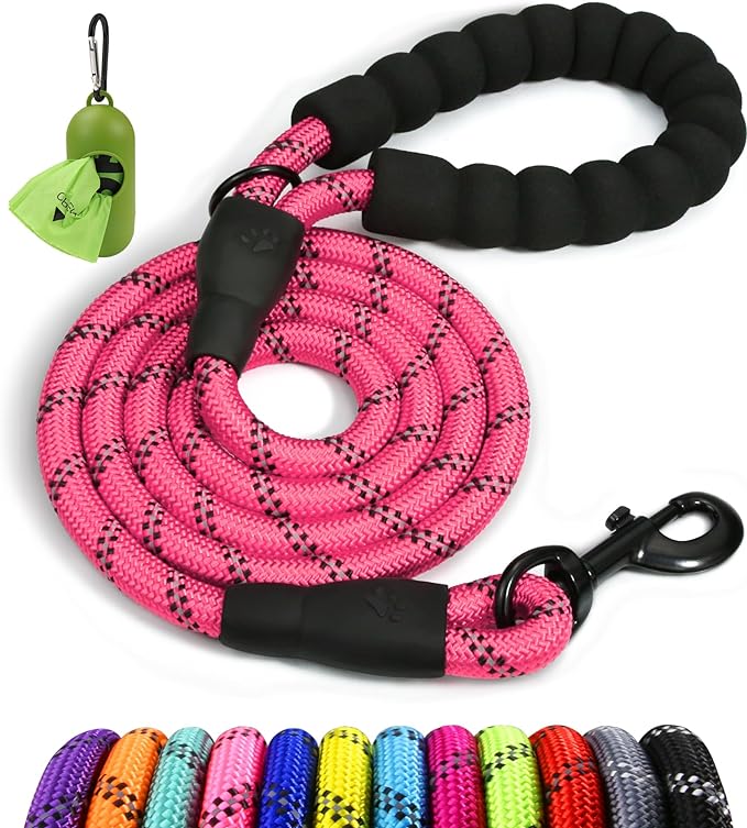 Taglory Rope Dog Leash for Small Medium Dogs, 4 FT Padded Handle, Pink | Made of Climbing Rope, Reflective for Night Walks and Training, Comfortable Grip, Anti-tangle Swivel Clip, 3/8 inch