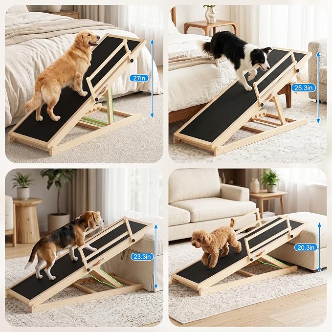 Tresbro Dog Ramp for Bed, 47'' Long 20.3''-27'' Adjustable Height Pet Ramp | 6 Adjustable Height, Anti-Slip & Easy Clean Surface, Capacity Up to 200LBS, Easy to Store & Portable, Guardrails for Safety
