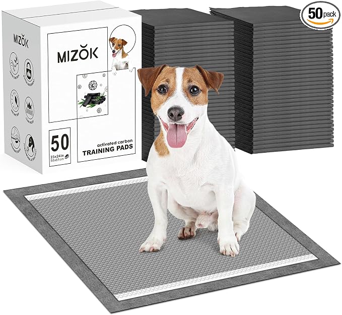 MIZOK Puppy Pads 23x24in Charcoal Dog Pads Super Absorbent Odor Eliminating Leak-Proof, Wee Wee Pads with Activated Carbon for Puppies and Small Dogs, Disposable (50 Count)