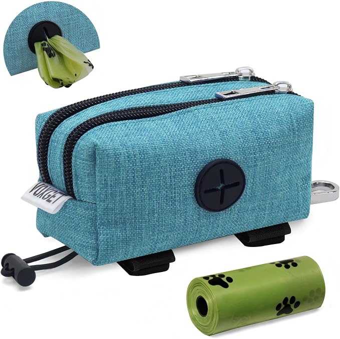 Dog Poop Bag Holder for Leashes, Puppy Treat Pouch Carrier with 2 Zipper Pockets and Clip for Pets Doggy Training, Dog Waste Bag Dispenser with 1 Roll Poop Bags for Walking Accessories (Green)