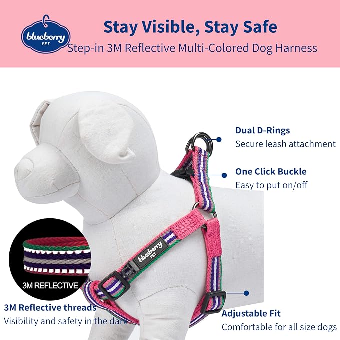 Blueberry Pet 5 Colors Step-in 3M Reflective Multi-Colored Stripe Padded Dog Harness, Chest Girth 26" - 39", Pink, Emerald & Orchid, Large, Adjustable Harnesses for Dogs