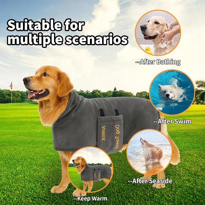 Dog Towel Dog Bathrobe, Microfiber Super Absorbent Pet, Quick Drying Robe for After Bath, Adjustable Collar & Belly Strap Pet Cat Bath Robe Towel Grey-L