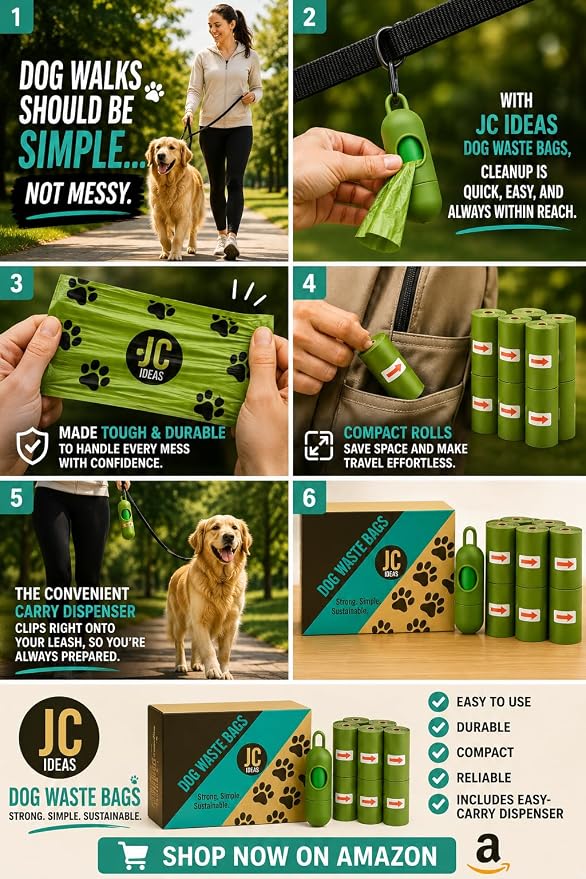 Dog Waste Bags. Strong, simple, and sustainable bags for a quick, easy clean. 18 rolls, 270 bags. Includes a bag dispenser.