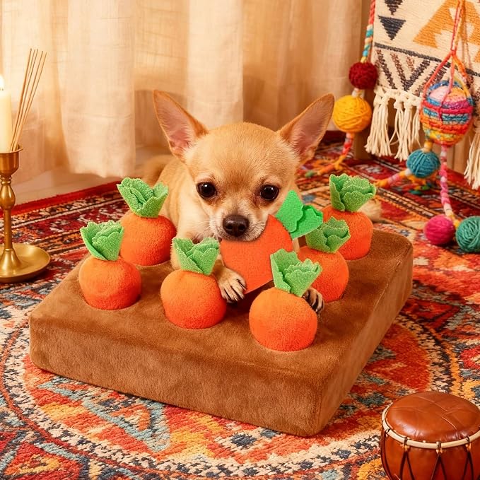 Interactive Dog ToysSqueak Carrot Snuffle Mat for Dogs Plush Puzzle Toys 2 in 1 Non-Slip Feed Games for Pet Stress Relief with 12 Carrots, for Small Medium Large Senior Kitten Enrichment