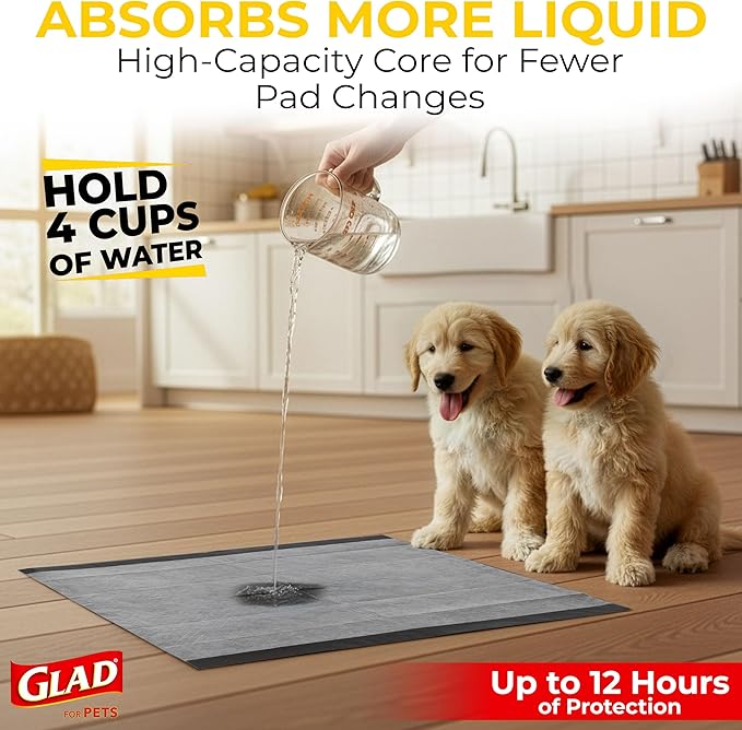 Glad for Pets Black Charcoal Puppy Pads, 23 x 23 Inch, 6-Layer Leak-Resistant Design, Activated Carbon Odor Control, Pheromone Attractant for Potty Training, 14 Count