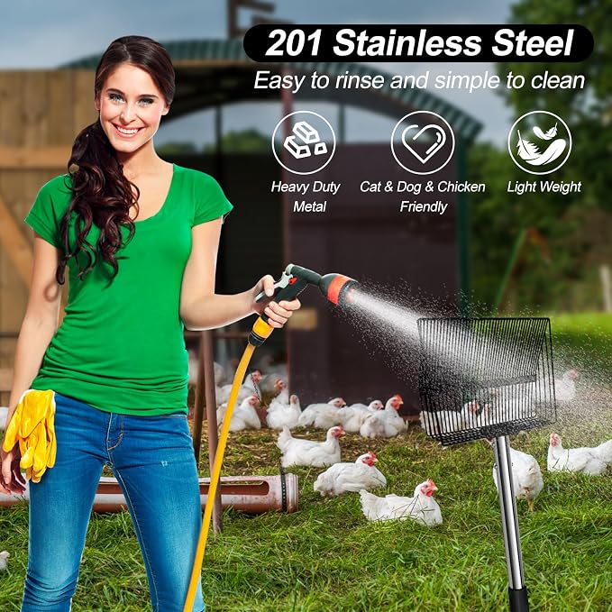 15 inch Large Chicken Poop Scooper and Rake for Sand for Shavings 74" Heavy Duty Pooper Scooper Long Handle Chicken Coop Scoop for Cleaning Tools 5-in-1 Sifting Shovel for Chicken Scoop supplies
