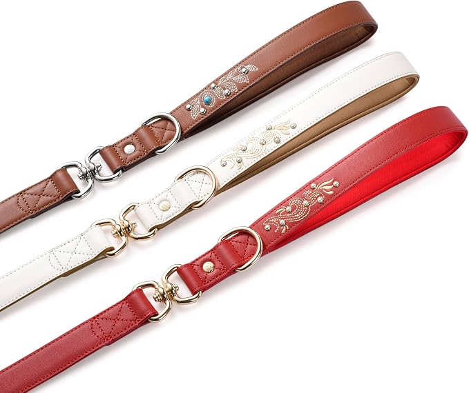 Blueberry Pet Premium Red Leather Dog Leash with Gold Baroque Embroidery