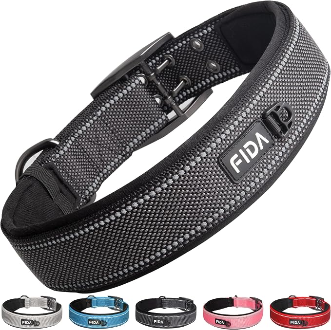 Fida Heavy Duty Dog Collar for Large Dogs with Metal Belt Buckle, Black | 1.5" Width, Soft Neoprene Padded, Thicker Nylon Webbing, Adjustable Fit, Reflective Stitching for Night Safety
