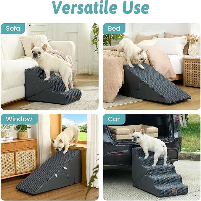 COZY KISS Dog Stairs for Small Dogs, 3-Step 2-in-1 Dog Steps,15.7" H | 3-step dog stairs and ramps for Old Cats, Puppy, Small Dogs,Non-Slip Base,for Couch & Bed, Dark Grey