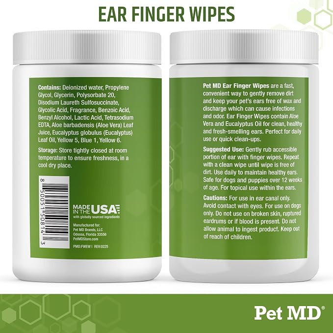 Pet MD Dog Ear Cleaning Wipes – Otic Cleanser for Dogs, Soothing Ear Care with Aloe Vera & Eucalyptus, Finger Wipes, 50 Count