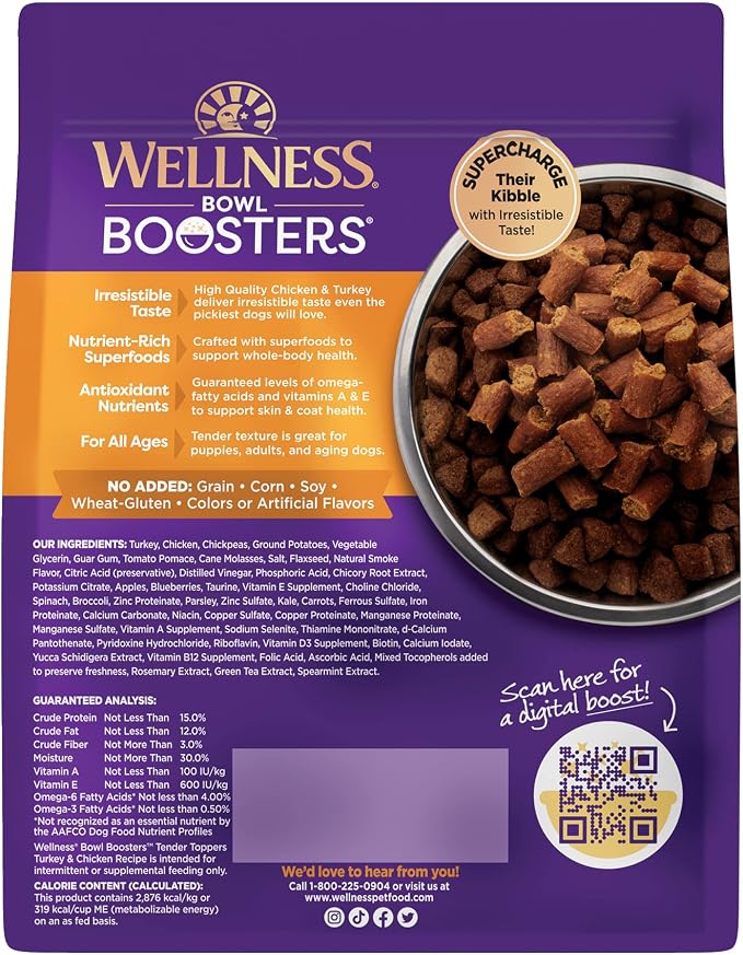 Wellness Bowl Boosters Tender Toppers Dog Food Topper for Small, Medium, and Large Breeds, Grain Free, Natural, Turkey and Chicken Recipe, 2 lb Bag