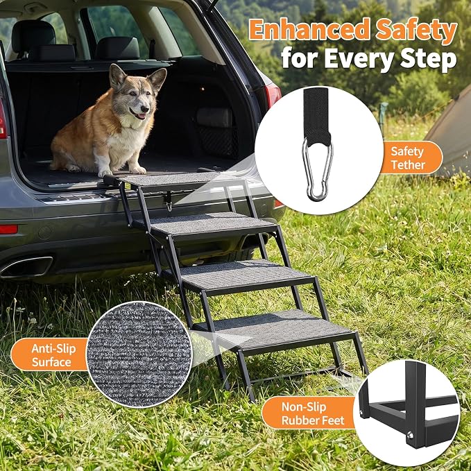 4-Step Dog Stairs for Car, 17” Wide Adjustable Pet Steps for SUV & Truck, Foldable Dog Ramp Ladder for Small, Medium & Large Dogs