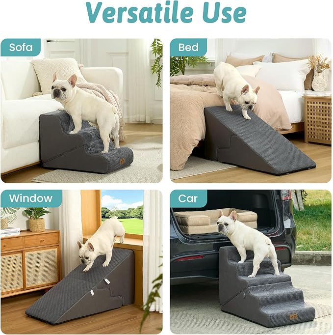 COZY KISS Dog Stairs for Small Dogs, 3-Step 2-in-1 Dog Steps,15.7" H | 3-step dog stairs and ramps for Old Cats, Puppy, Small Dogs,Non-Slip Base,for Couch & Bed, Grey