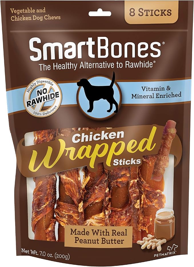 SmartBones Chicken-Wrapped Sticks, Treat Your Dog to a Rawhide-Free Chew Made With Real Chicken and Peanut Butter, 7 Ounce (Pack of 1)