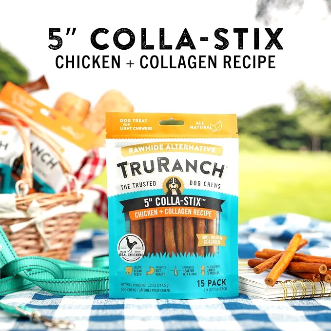 TRURANCH Collagen Sticks - 5" Collagen Sticks for Dogs - Long Lasting Healthy Joint Support - Rawhide Alternative - Skin & Coat Health - Made with Real Chicken, Value Pack, 15 Bags, 225 Count