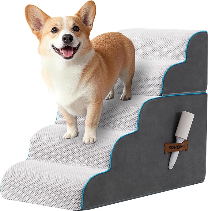 Dog Stairs, Steps and Ramp for High Bed & Sofa, 13-24" H Detachable Pet Stairs for Small Medium Dogs, Sturdy 40D Foam, Non-Slip, Washable Cover with Lint Roller, Grey