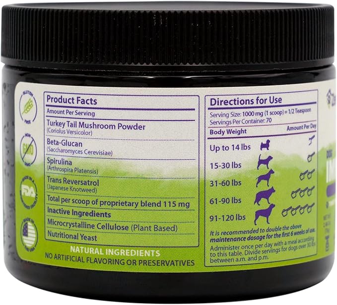 Dog Immune Support Premium Powder Topper, Turkey Tail, Spirulina & Beta-Glucan, Supports a Healthy Immune System & Digestion, Human-Grade, Made in USA