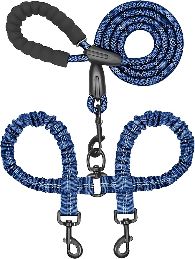 iYoShop Double Dog Leash, 360° Swivel, No Tangle, Large, True Navy | Dual Leash for Two Dogs, Split Leash, Shock-Absorbing Bungee, Padded Handle, Heavy-Duty Rope