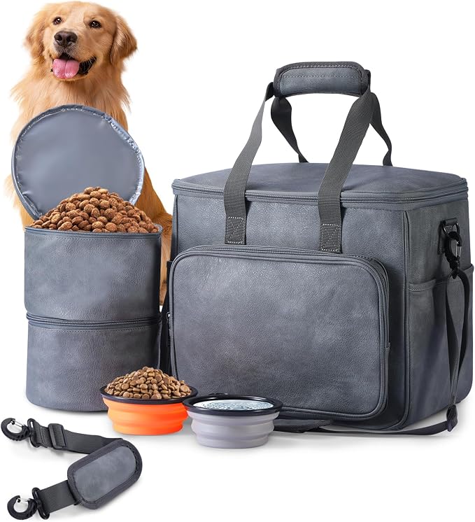 Lasaviin Leather Dog Travel Bag with Food Containers & Bowls