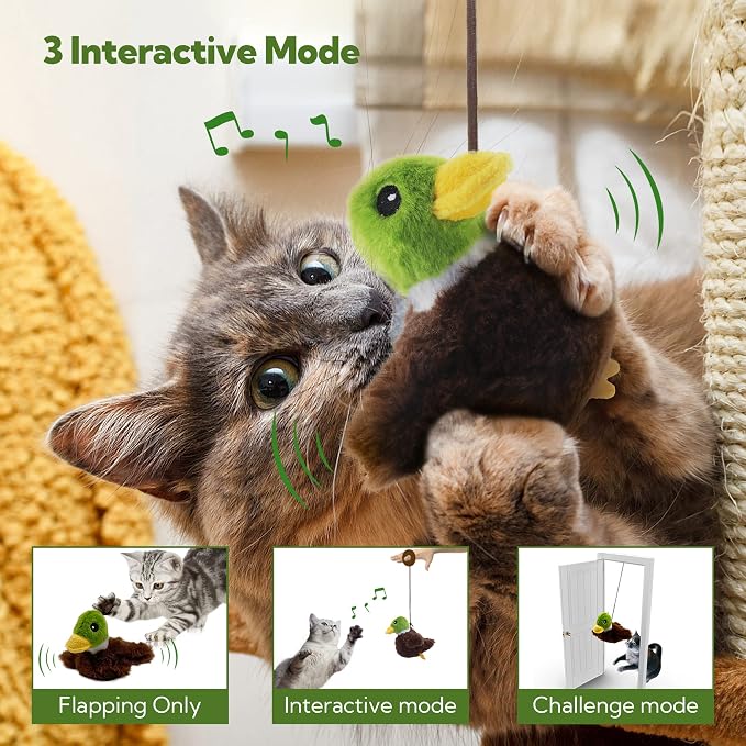 Flapping Cat Toy, Motion Activated Duck with Catnip, 3 Modes & USB Rechargeable, Machine Washable Interactive Toy for Indoor Cats