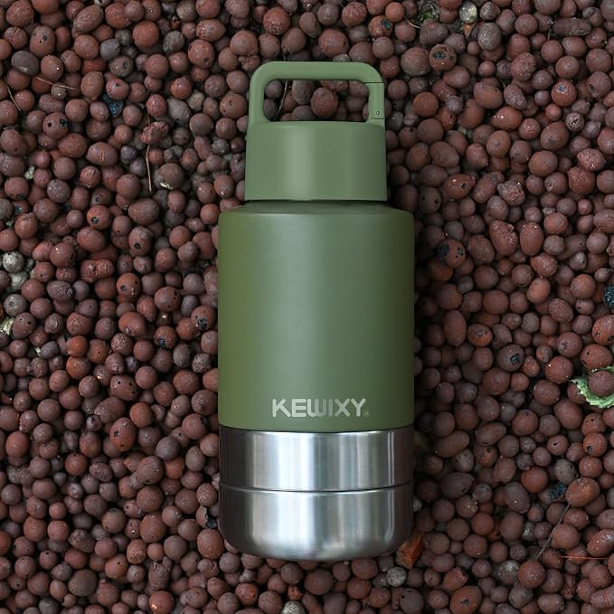 KEWIXY Insulated Dog Travel Water Bottle with Detachable Bowls, 32oz, Olive Green