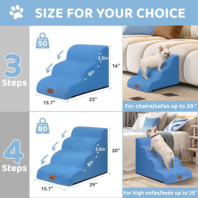Zerbuger Dog Ramp and Stair for Bed 16" H-20 H,3-Step Cat Stair for Sofa and Chair,4-Step Dog Ramp for High Bed and Window,Durable Nonslip Fabric Cover for Indoor (Blue-20“H, Pet Friendly, 4)