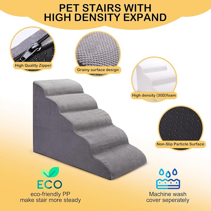 CiWiVOKi Dog Stairs for Bed and Couch, Non-Slip 5-Step Pet Stairs, 24" High Sofa Foam Dog Ramp - Best for Small Pets, Dogs and Cats with Joint Pain
