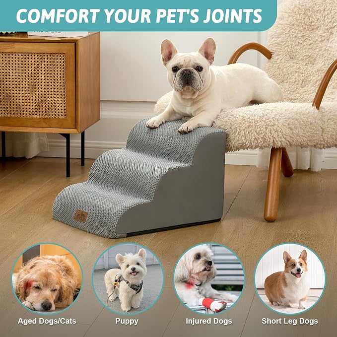 COZY KISS Dog Stairs for Small Dogs, 3 Step Pet Stairs for Beds & Couches | 13" H Curved Non-Slip Foam Dog Steps with Washable Cover for Puppies, Older Cats & Small Dogs, 15.7x19.7x13 in, Gray