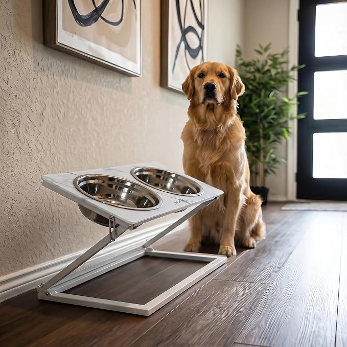 Elevated Dog Bowls, Height-Adjustable Stand with 2 Stainless Steel Food Bowls and a 20° Tilted Water Bowl—Suitable for Small, Medium, and Large Dogs(Faux Marble (White), Large)