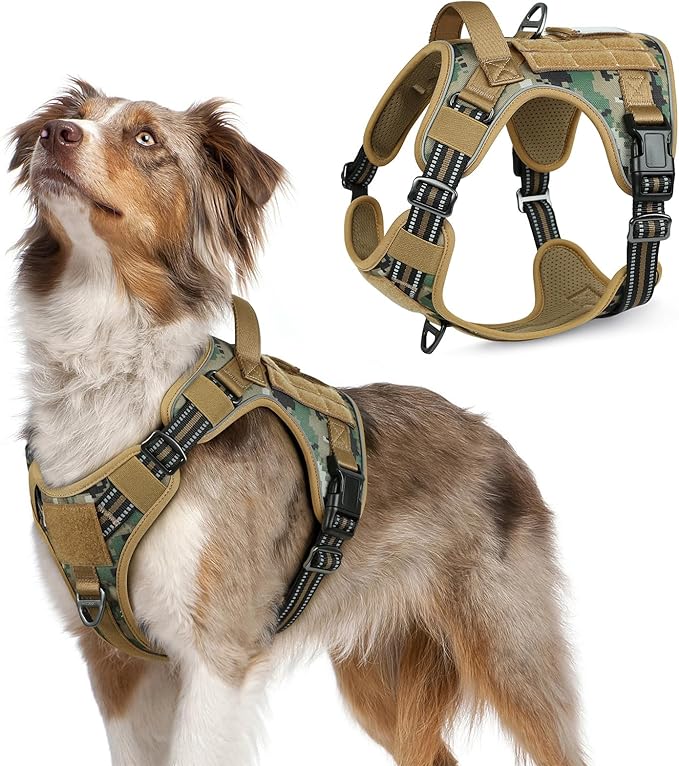 rabbitgoo Tactical Dog Harness for Medium, No Pull Military Service Vest | Molle & Handle, Heavy Duty, Adjustable, Reflective Straps, Easy Control for Training Walking, Brown camo, Medium