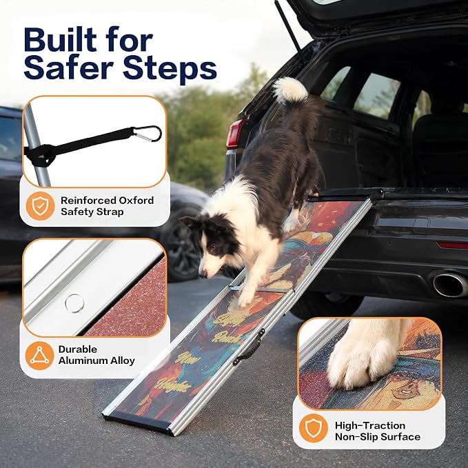 Aluminum Dog Ramp for Car, 64" x 17" Telescoping Pet Ramp for Large Dogs, Portable Dog Car Ramp with Non-Slip Sandpaper Surface, Outdoor Dog Ramp Up to 330 lbs, for Cars SUVs Trucks