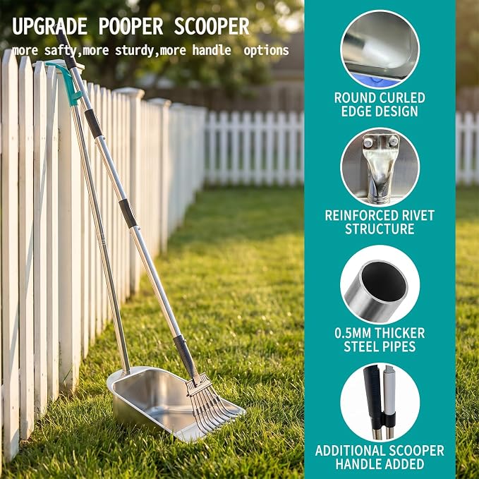 Dog Pooper Scooper for Large Dogs with Large Capacity Tray and 36" Long Handle Rake,Stainless Steel Dog Poop Scooper for Dogs,Heavy Duty Dog Poop Scooper for Yard