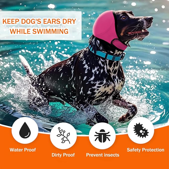 SEIS Calming Dog Ears Cover, Swimming Waterproof Pet Ear Caps, Large Dog Shower Cap for Ear Protection for Bath for Grooming (Pink, M (Head Circumference 14"-19"))
