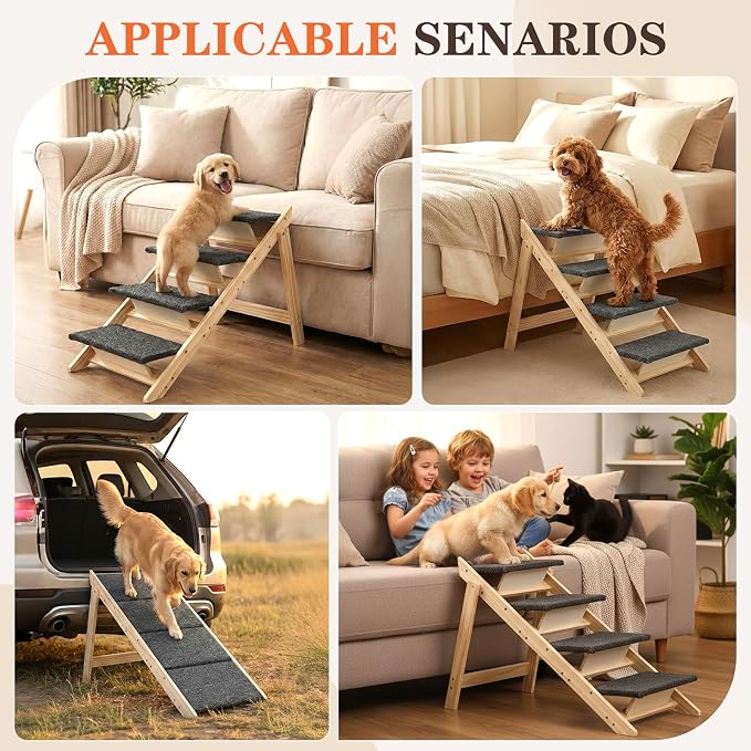 Dog Stairs/Steps, 2-in-1 Foldable Wooden Pet Stairs, Wood Frames and Non-Slip Carpet Suitable for High Beds, Car, Couch, Durable Wooden Dog Stairs for Small Medium and Large Dogs,4 Steps