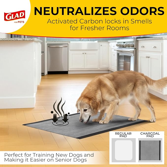 Glad for Pets Black Charcoal Puppy Pads, 23 x 23 Inch, 6-Layer Leak-Resistant Design, Activated Carbon Odor Control, Pheromone Attractant for Potty Training, 14 Count