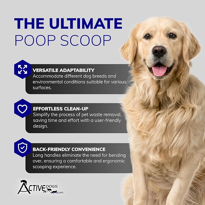 ActiveDogs Pooper Scooper for Large Dogs – Heavy-Duty Dog Pooper Scooper for Yard – Flat-Style Welded Aluminum Dog Poop Rake and Scoop with Solid Bolt System – Made in the USA