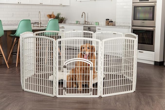 IRIS USA 34" Exercise 8-Panel Pet Playpen with Door, Dog Playpen, Puppy Playpen, Small Medium Large Dogs, Keep Pets Secure, Easy Assemble, Rust-Free, Heavy-Duty Molded Plastic, Customizable, White