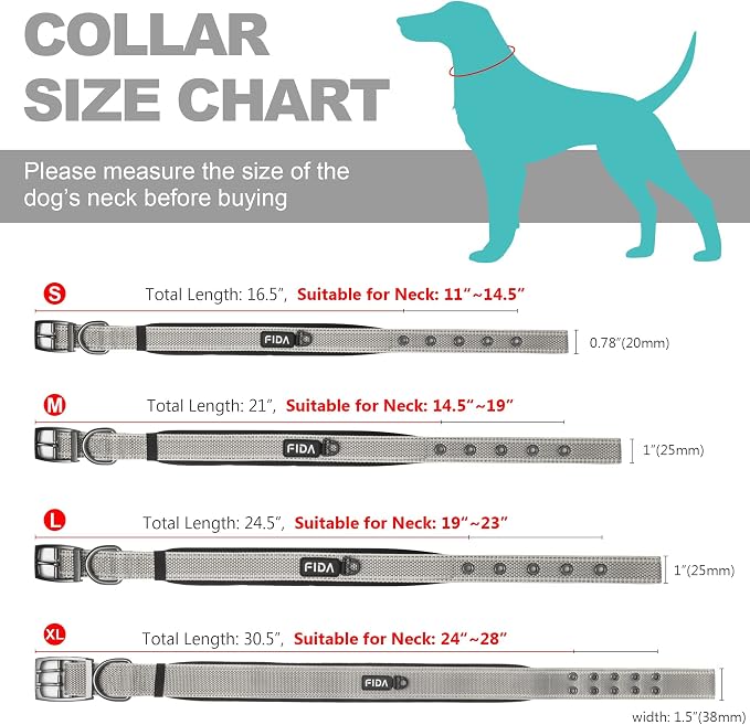 Fida Heavy Duty Dog Collar for Large Dogs with Metal Belt Buckle, Grey | Soft Neoprene Padded for Extra Comfort, Thicker Nylon Webbing, Adjustable Fit, Reflective Stitching for Night Safety