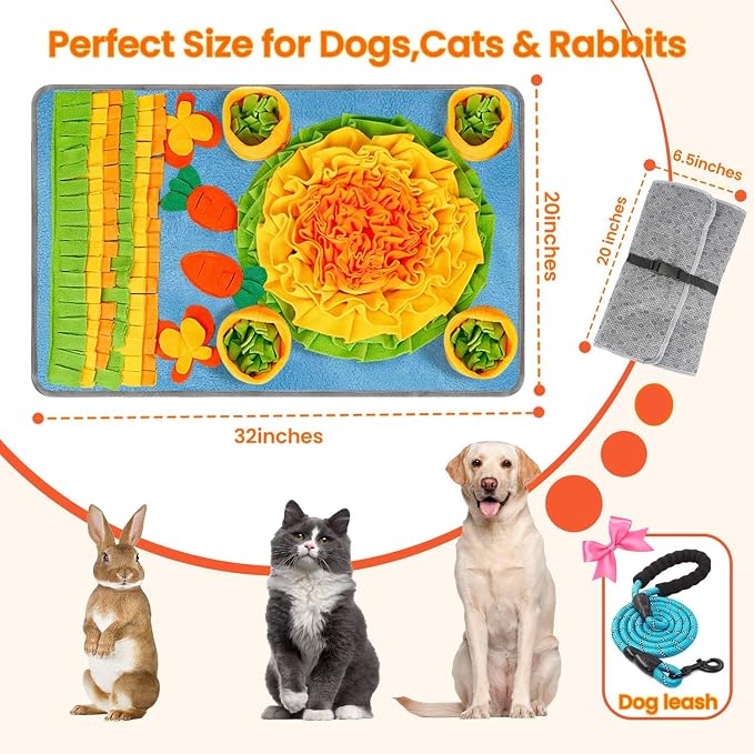 Large 32x20 Snuffle Mat for Dogs, Nosework Slow Feeder Toy | 32x20 Inch Large Size, Multiple Treat Hiding Layers, Mental Stimulation, Includes Leash & Squeaky Toys, Washable Design