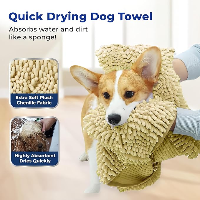 Muddy Mat Doggy Dryer, Highly Absorbent Microfiber Washable Dog Shammy Quick Drying Towel Absorber - Extra Soft Plush Wrap Chenille Bath Towels to Dry Soggy Large Pets & Small Puppy-Beige 19"x46"